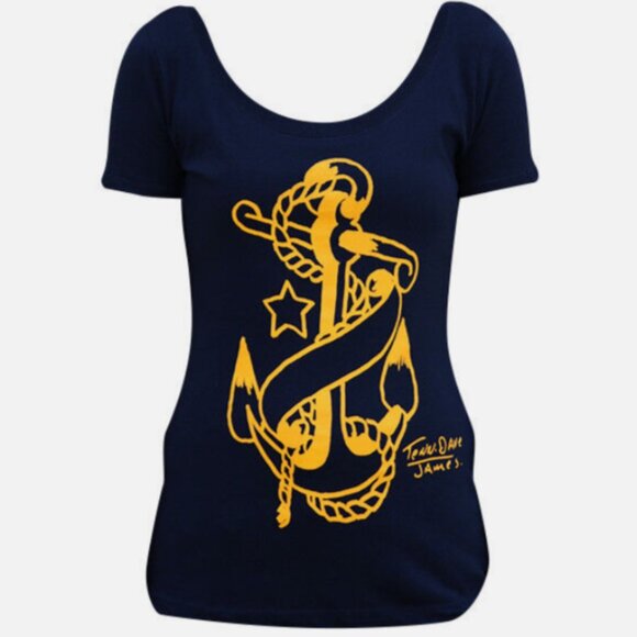 DISCONTINUED! Blue Yellow Anchor Scoop Neck Rockabilly Tattoo Tee Top NWT S-L-XL - Picture 1 of 4